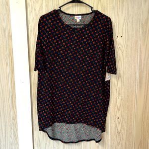 LuLaRoe Irma short sleeve shirt. NWTs. Blue black and orange pattern XXS